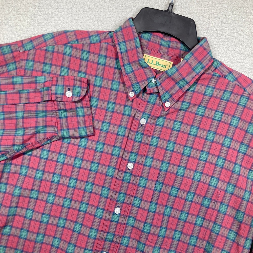 L.L. Bean Button Down Shirt Mens L Red Green Plaid Long Sleeve Cotton Blend